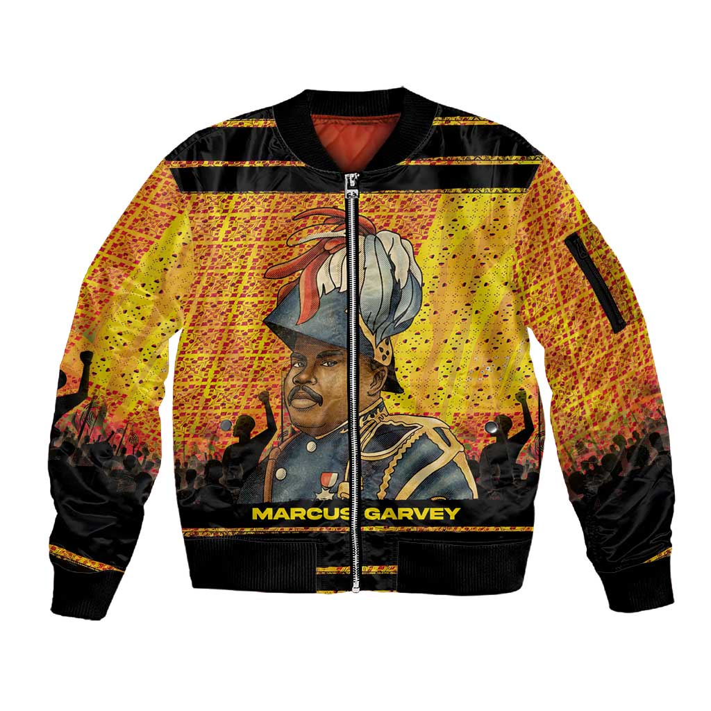 Marcus Garvey Sleeve Zip Bomber Jacket Yellow African Pattern Design Pan African Flag Civil Rights Movement Tribute - Wonder Print Shop