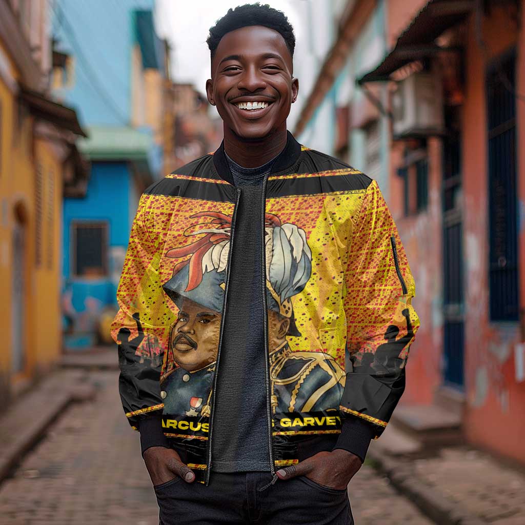Marcus Garvey Sleeve Zip Bomber Jacket Yellow African Pattern Design Pan African Flag Civil Rights Movement Tribute - Wonder Print Shop