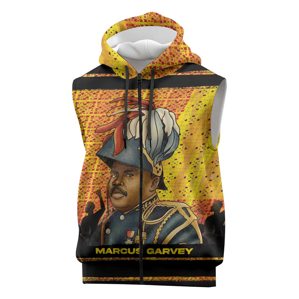 Marcus Garvey Sleeveless Zip Hoodie Yellow African Pattern Design Pan African Flag Civil Rights Movement Tribute - Wonder Print Shop