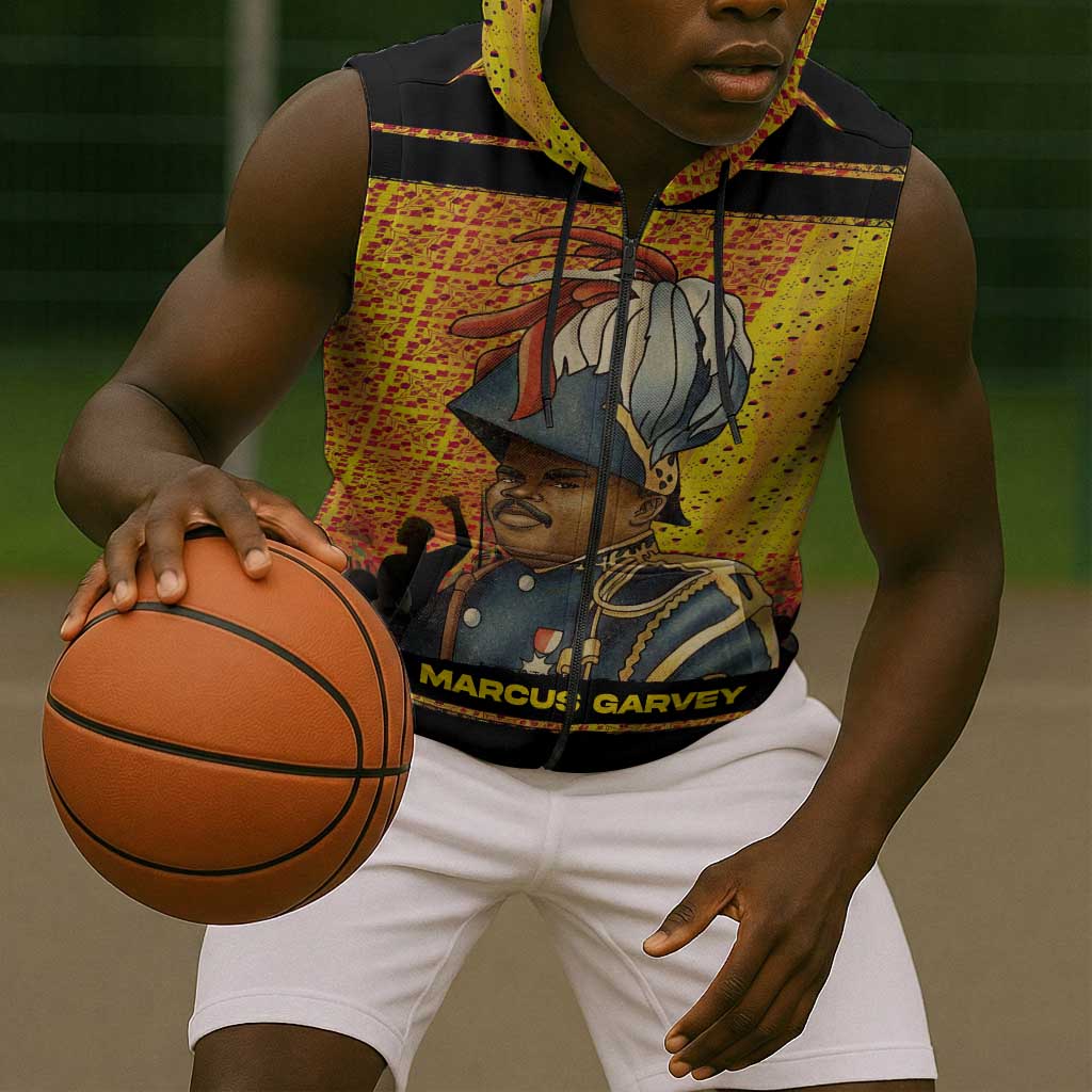 Marcus Garvey Sleeveless Zip Hoodie Yellow African Pattern Design Pan African Flag Civil Rights Movement Tribute - Wonder Print Shop