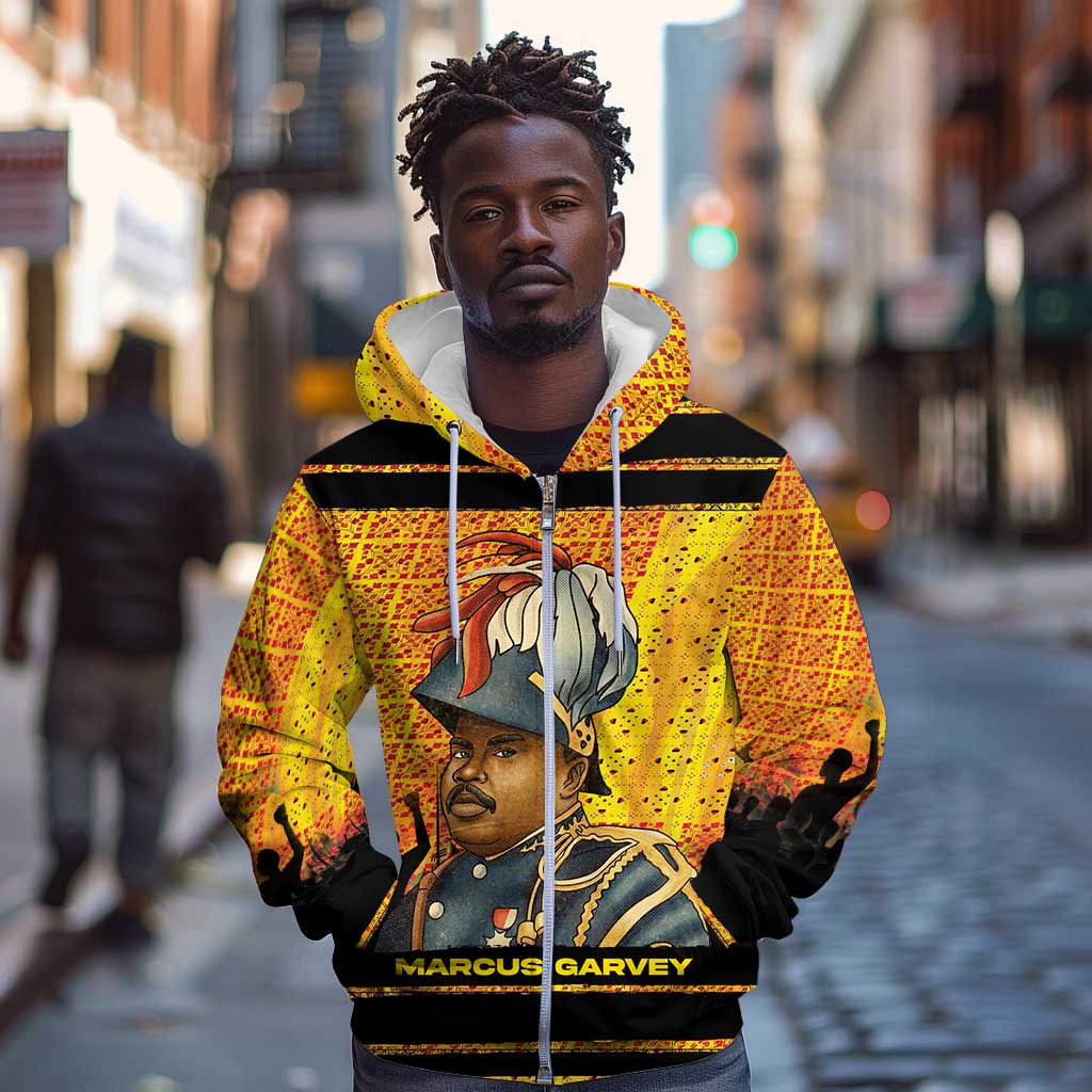 Marcus Garvey Zip Hoodie Yellow African Pattern Design Pan African Flag Civil Rights Movement Tribute - Wonder Print Shop