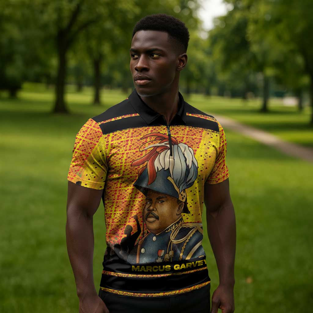 Marcus Garvey Zipper Polo Shirt Yellow African Pattern Design Pan African Flag Civil Rights Movement Tribute - Wonder Print Shop