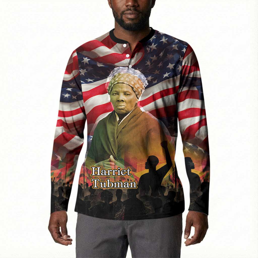 Harriet Tubman Button Sweatshirt American Flag Background Underground Railroad Quote Powerful Civil Rights