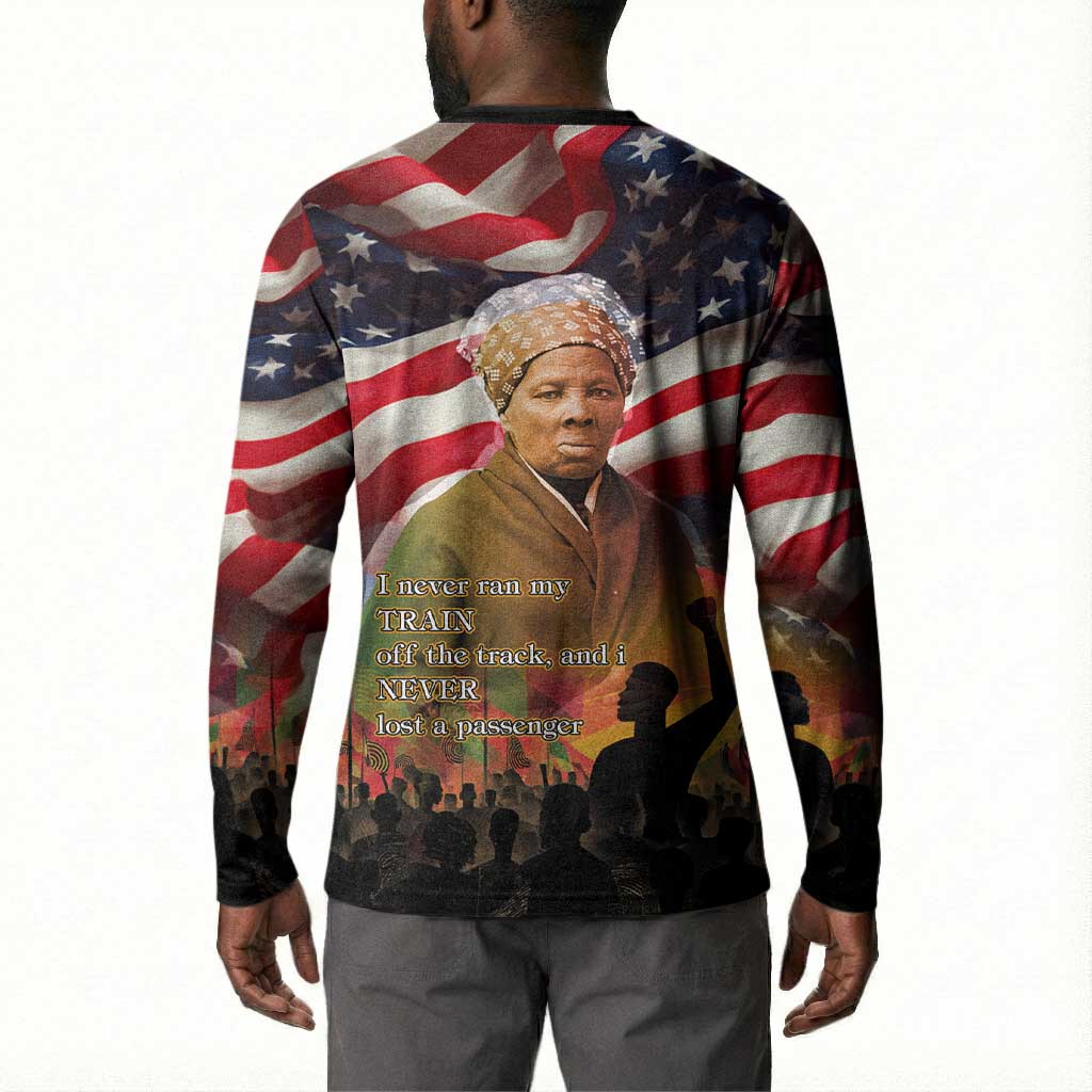 Harriet Tubman Button Sweatshirt American Flag Background Underground Railroad Quote Powerful Civil Rights