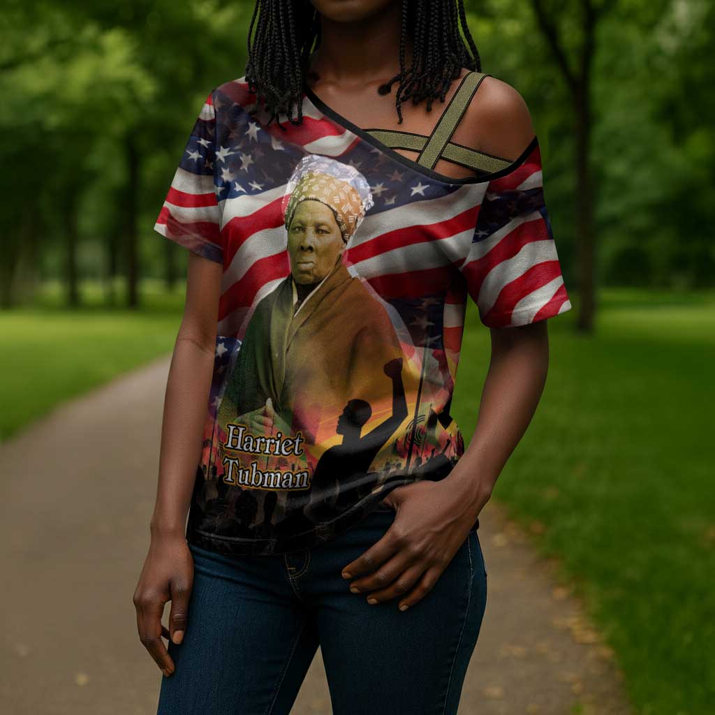 Harriet Tubman Cross Shoulder Shirt American Flag Background Underground Railroad Quote Powerful Civil Rights - Wonder Print Shop
