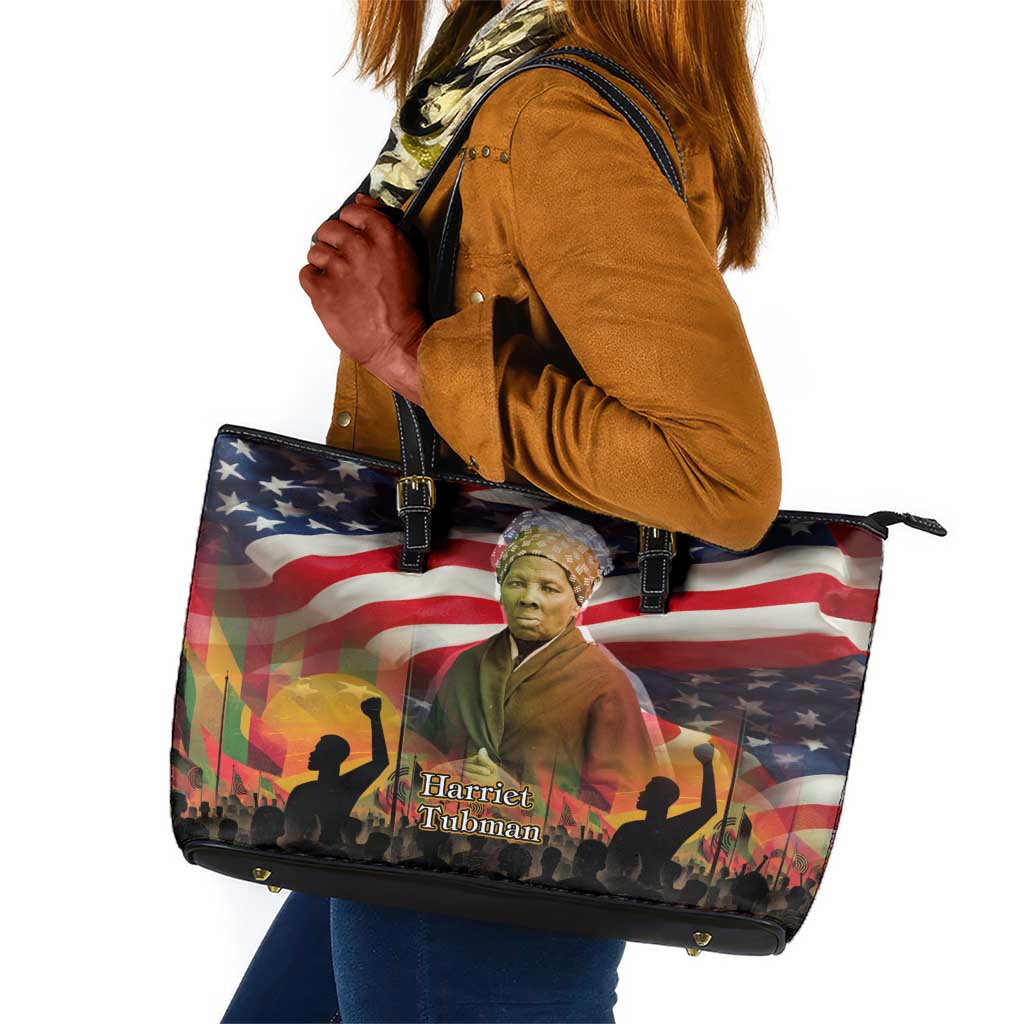Harriet Tubman Leather Tote Bag American Flag Background Underground Railroad Quote Powerful Civil Rights - Wonder Print Shop