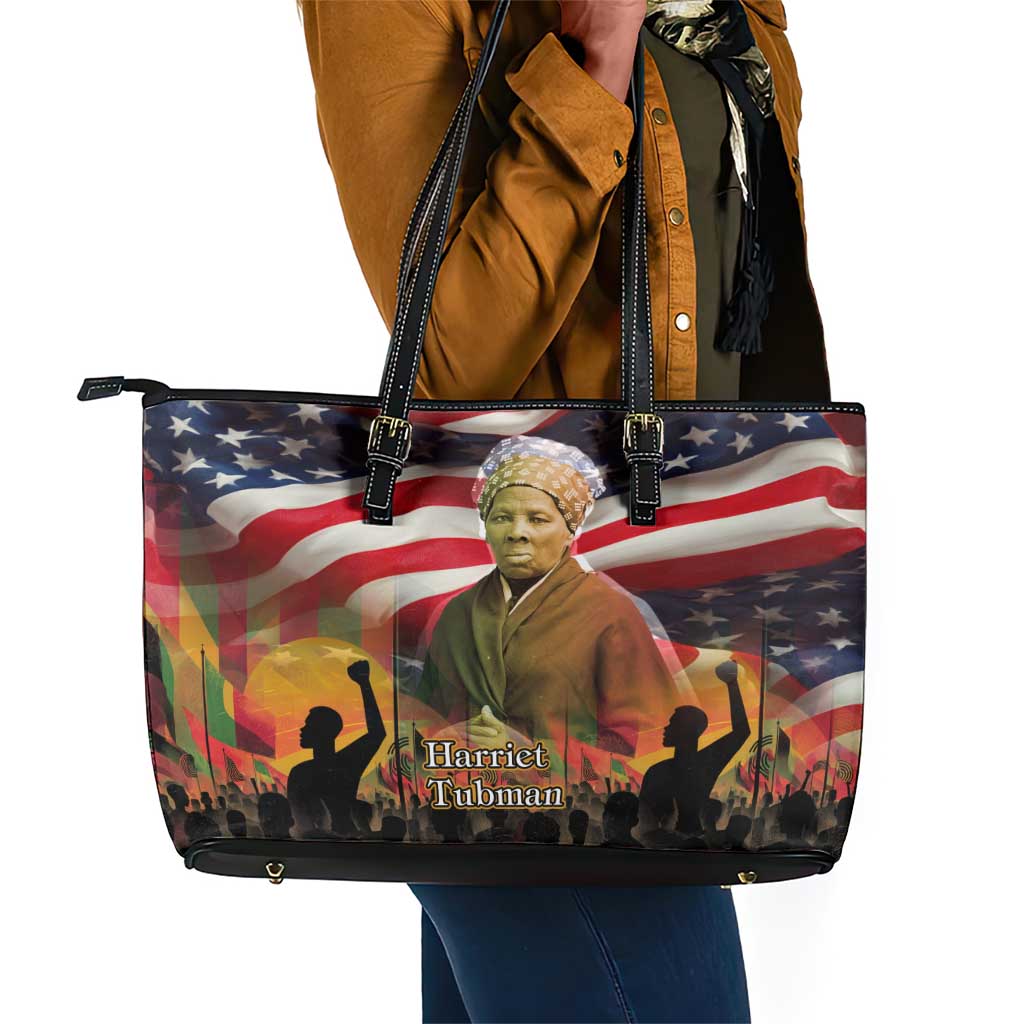 Harriet Tubman Leather Tote Bag American Flag Background Underground Railroad Quote Powerful Civil Rights - Wonder Print Shop
