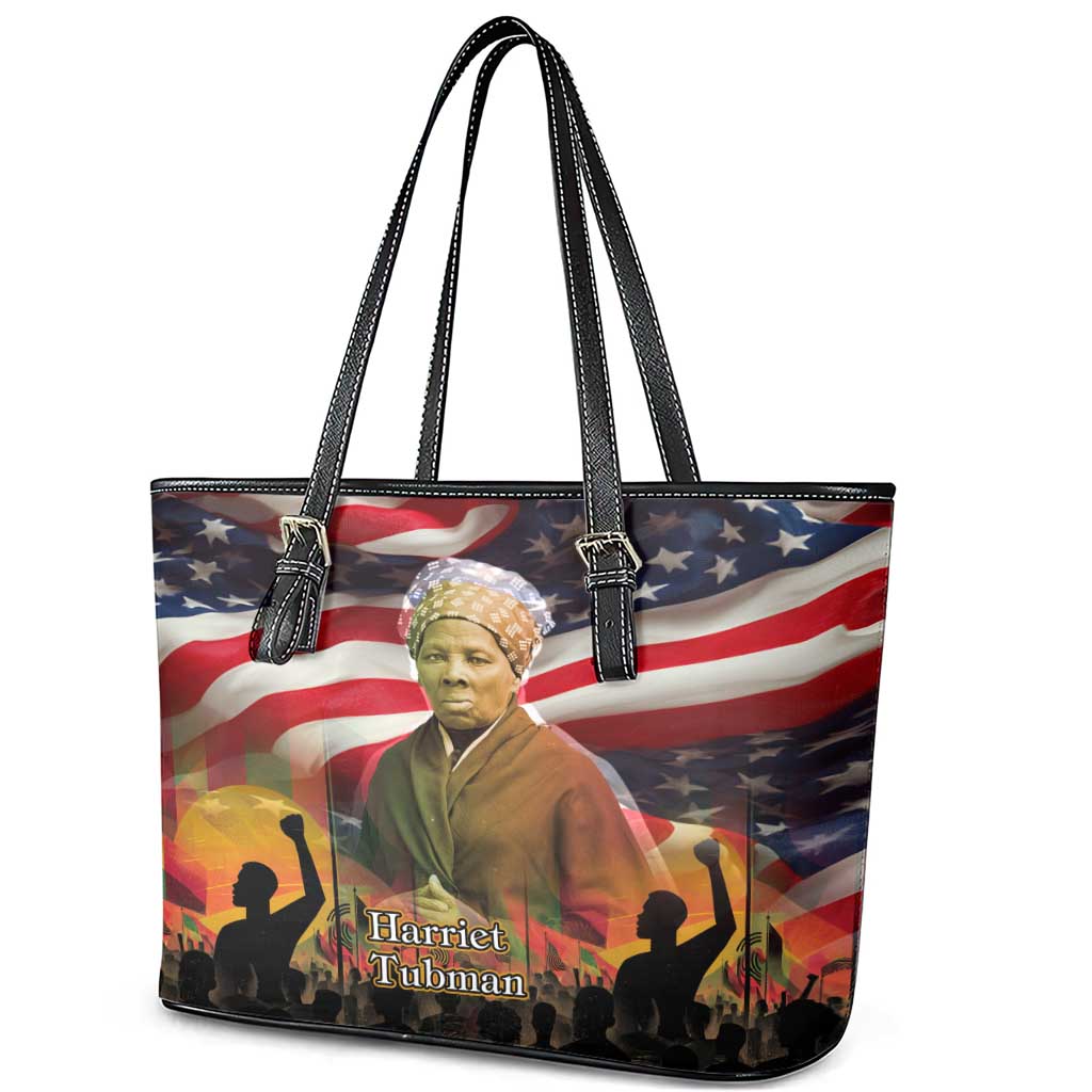 Harriet Tubman Leather Tote Bag American Flag Background Underground Railroad Quote Powerful Civil Rights - Wonder Print Shop