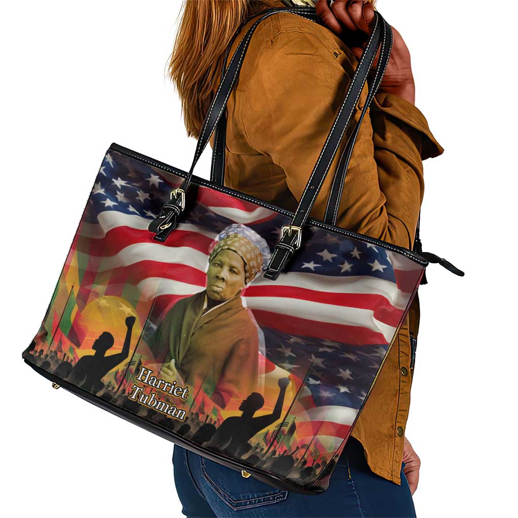 Harriet Tubman Leather Tote Bag American Flag Background Underground Railroad Quote Powerful Civil Rights - Wonder Print Shop