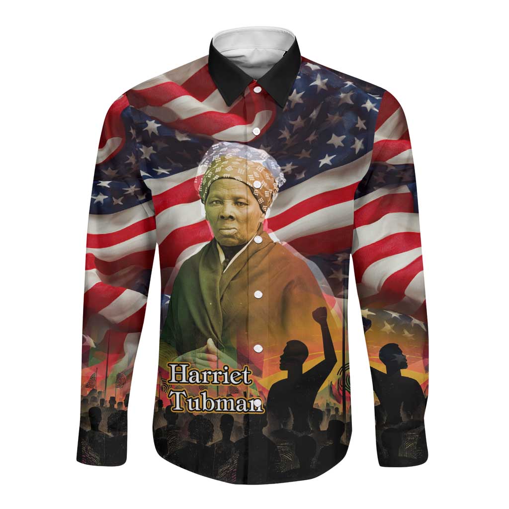 Harriet Tubman Long Sleeve Button Shirt American Flag Background Underground Railroad Quote Powerful Civil Rights - Wonder Print Shop