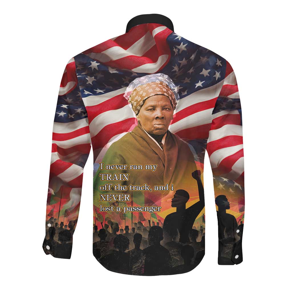Harriet Tubman Long Sleeve Button Shirt American Flag Background Underground Railroad Quote Powerful Civil Rights - Wonder Print Shop