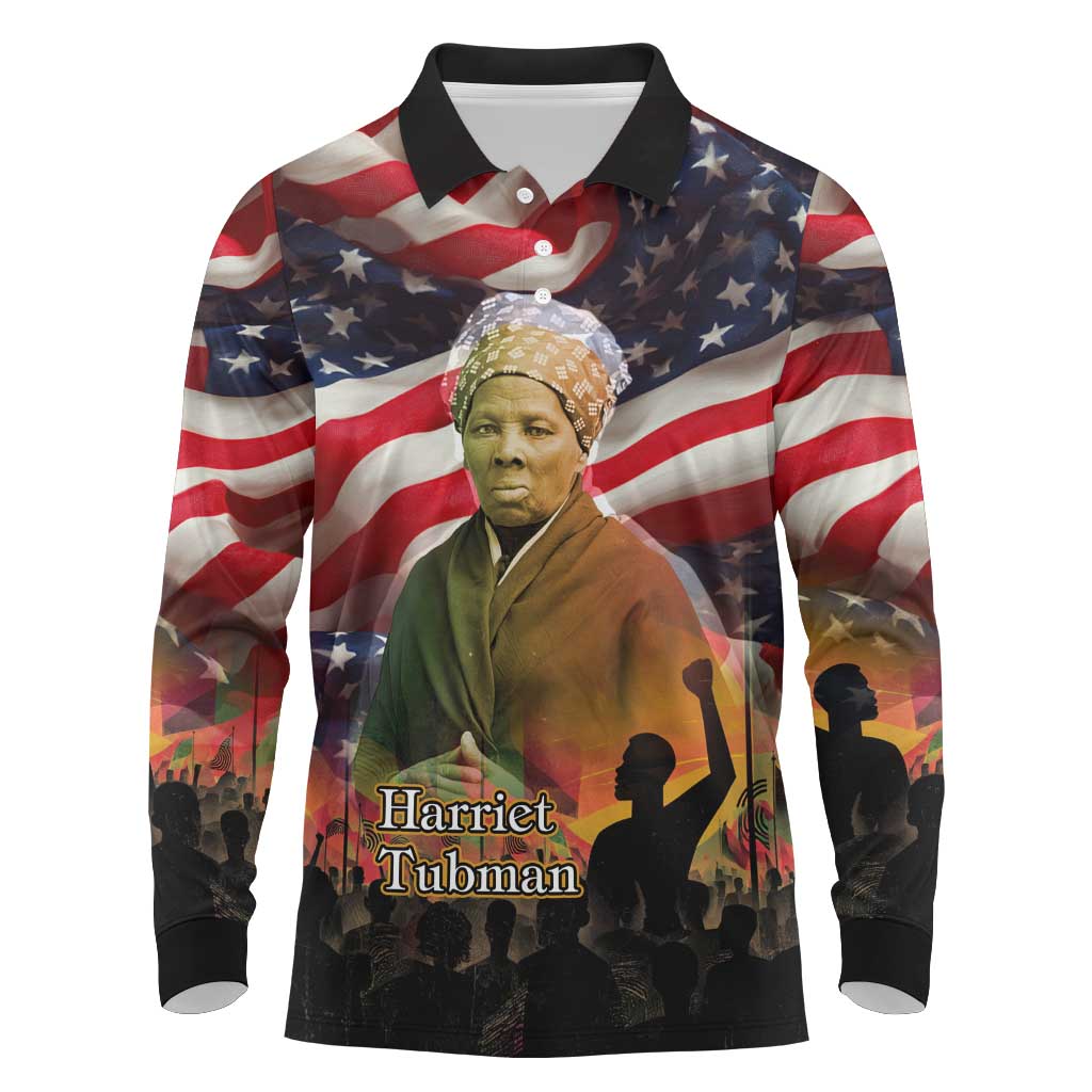 Harriet Tubman Long Sleeve Polo Shirt American Flag Background Underground Railroad Quote Powerful Civil Rights - Wonder Print Shop