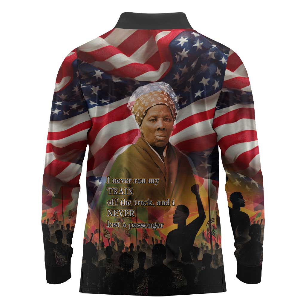 Harriet Tubman Long Sleeve Polo Shirt American Flag Background Underground Railroad Quote Powerful Civil Rights - Wonder Print Shop