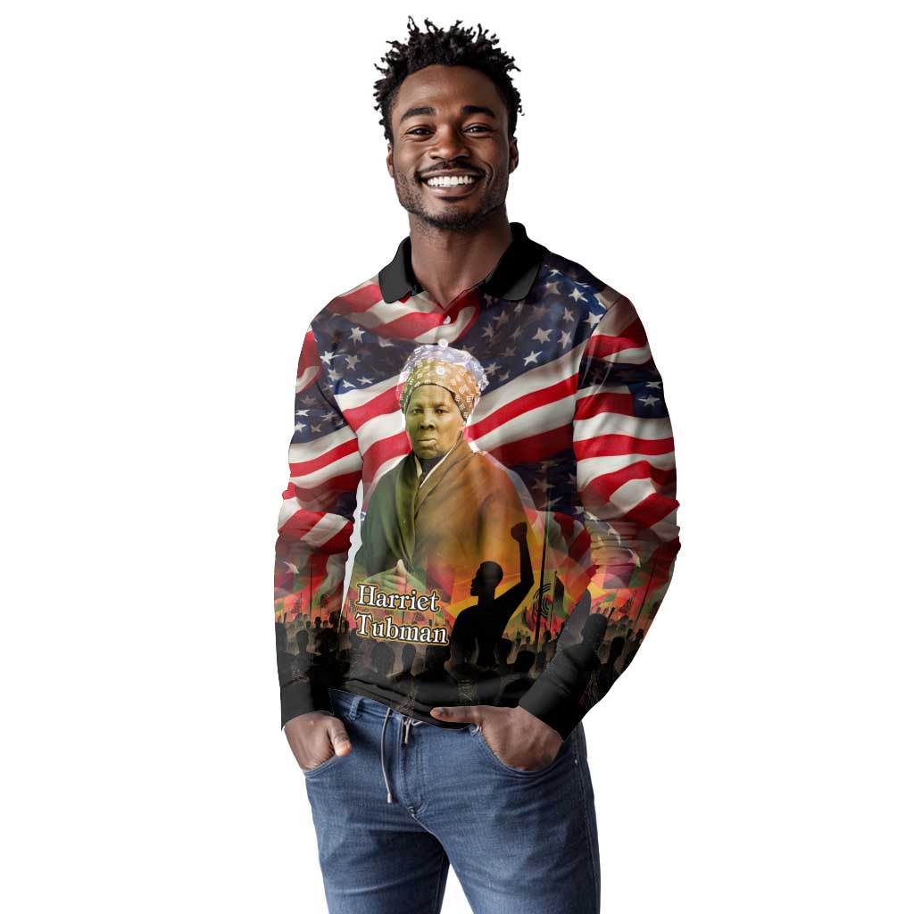 Harriet Tubman Long Sleeve Polo Shirt American Flag Background Underground Railroad Quote Powerful Civil Rights - Wonder Print Shop