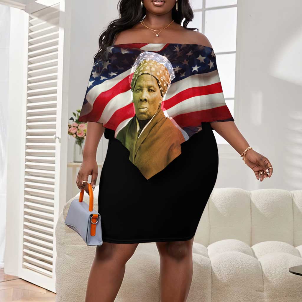 Harriet Tubman Off Shoulder Short Dress American Flag Background Underground Railroad Quote Powerful Civil Rights - Wonder Print Shop