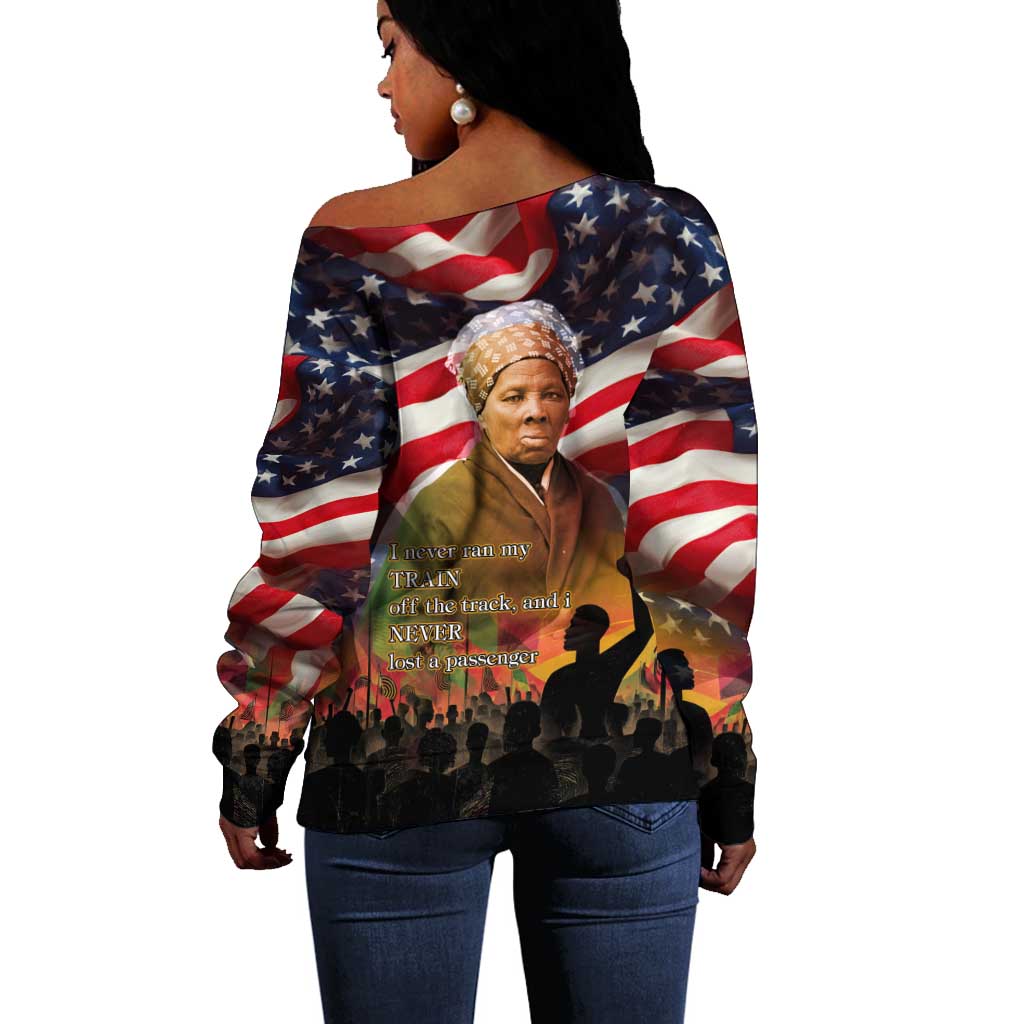 Harriet Tubman Off Shoulder Sweater American Flag Background Underground Railroad Quote Powerful Civil Rights - Wonder Print Shop