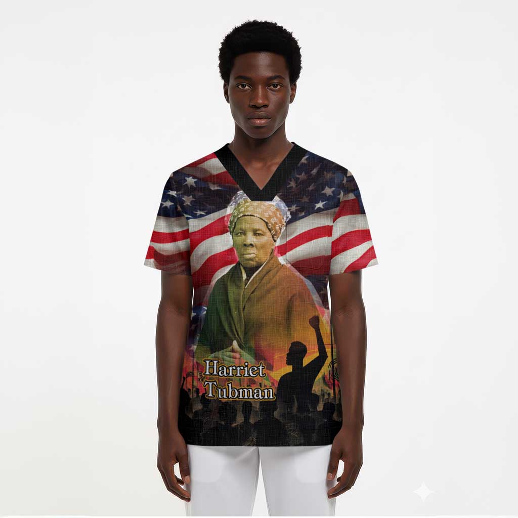 Harriet Tubman Scrub Top American Flag Background Underground Railroad Quote Powerful Civil Rights - Wonder Print Shop