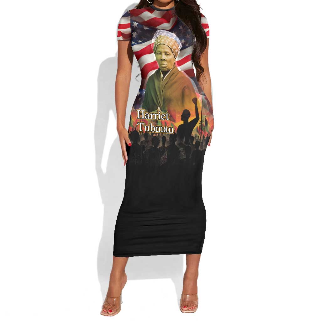 Harriet Tubman Short Sleeve Bodycon Dress American Flag Background Underground Railroad Quote Powerful Civil Rights TS04
