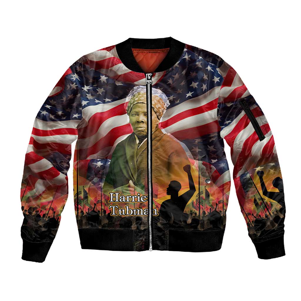 Harriet Tubman Sleeve Zip Bomber Jacket American Flag Background Underground Railroad Quote Powerful Civil Rights - Wonder Print Shop