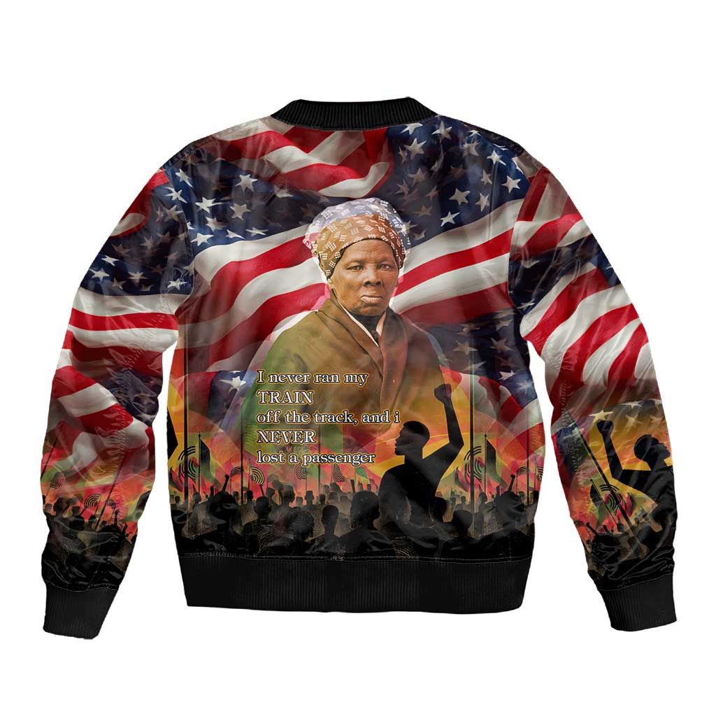 Harriet Tubman Sleeve Zip Bomber Jacket American Flag Background Underground Railroad Quote Powerful Civil Rights - Wonder Print Shop