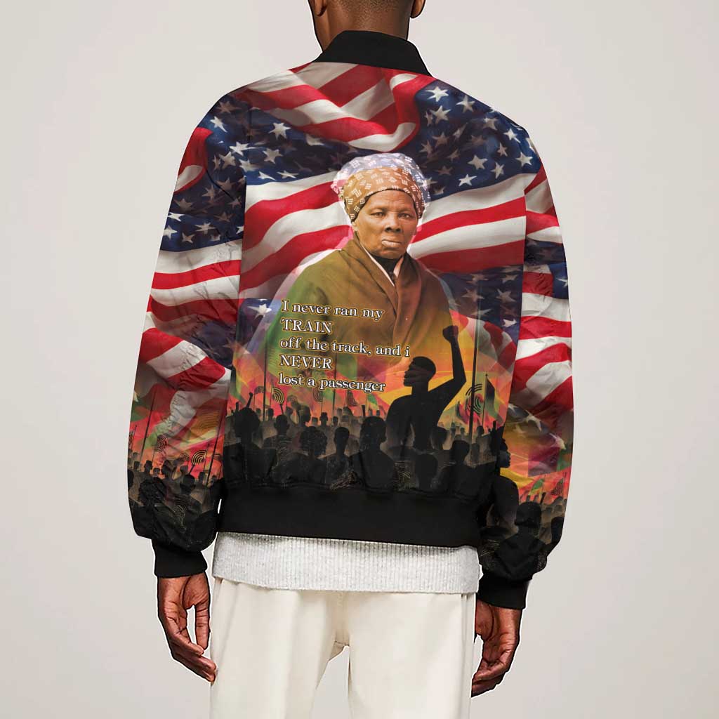 Harriet Tubman Sleeve Zip Bomber Jacket American Flag Background Underground Railroad Quote Powerful Civil Rights - Wonder Print Shop