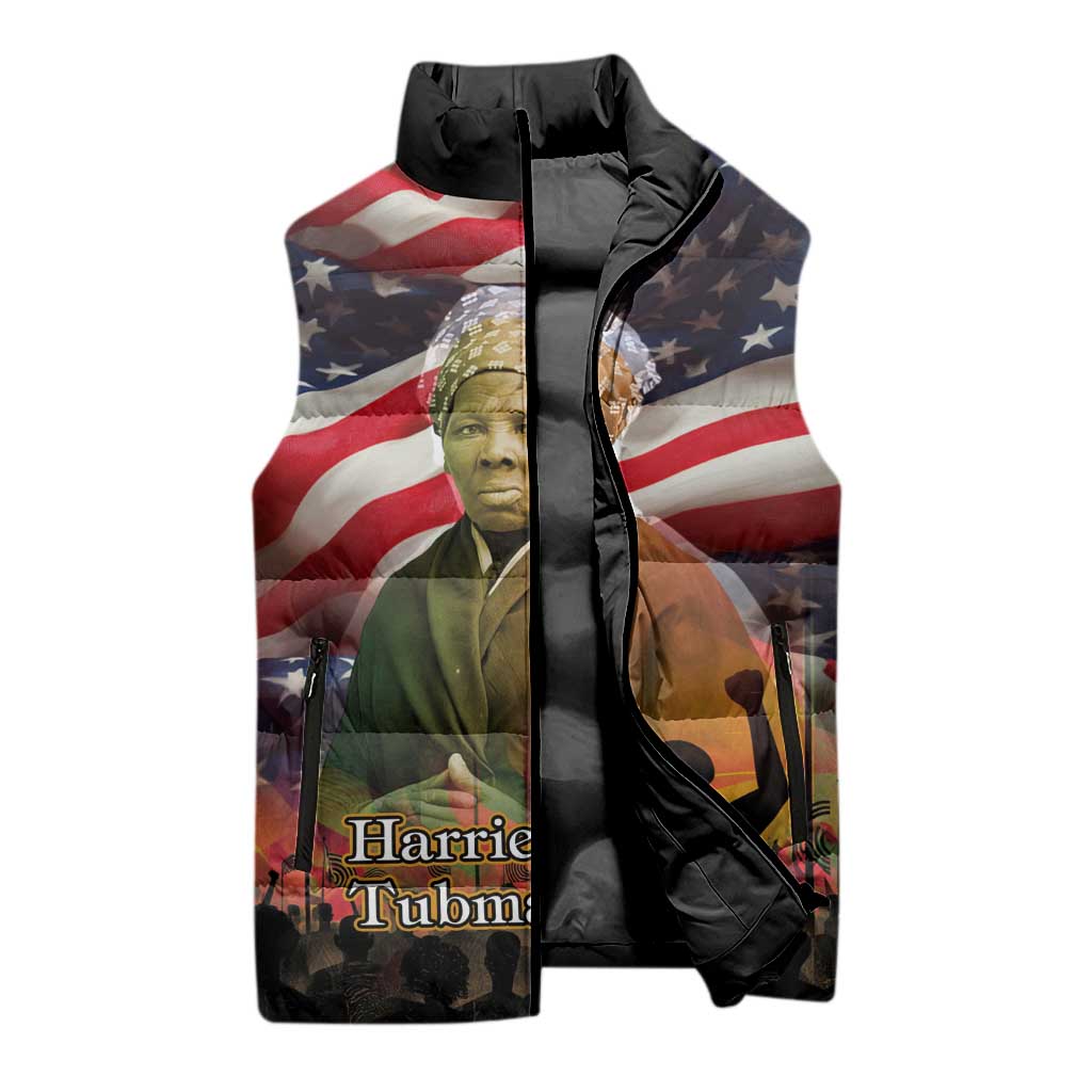 Harriet Tubman Sleeveless Puffer Jacket American Flag Background Underground Railroad Quote Powerful Civil Rights - Wonder Print Shop