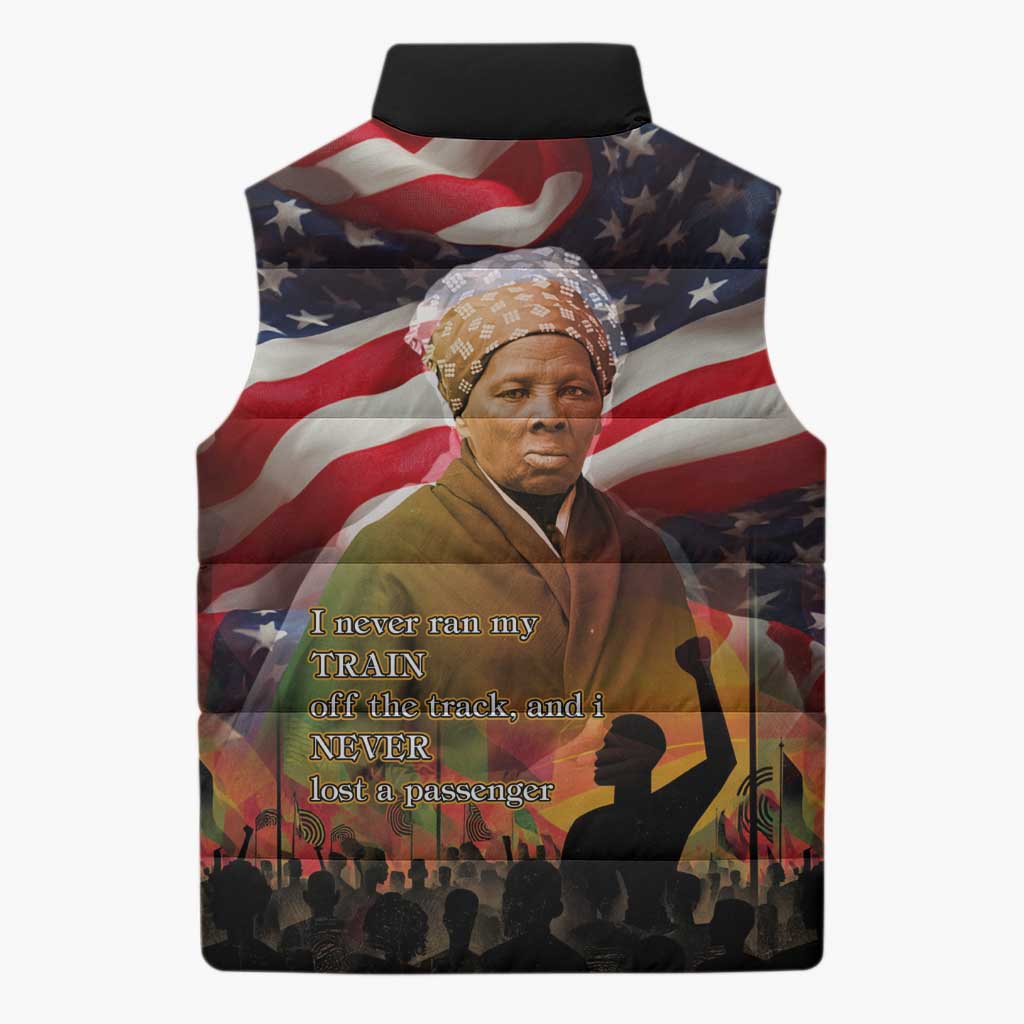 Harriet Tubman Sleeveless Puffer Jacket American Flag Background Underground Railroad Quote Powerful Civil Rights - Wonder Print Shop