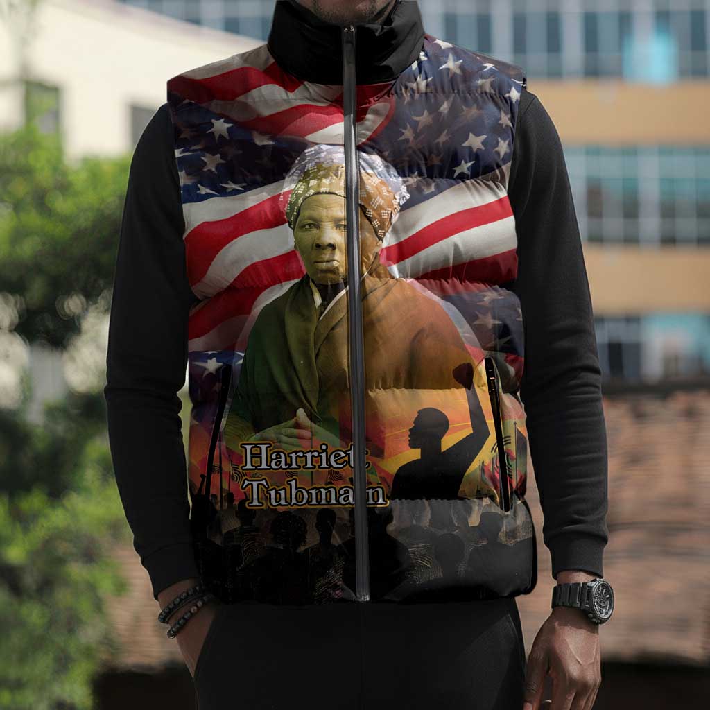 Harriet Tubman Sleeveless Puffer Jacket American Flag Background Underground Railroad Quote Powerful Civil Rights - Wonder Print Shop