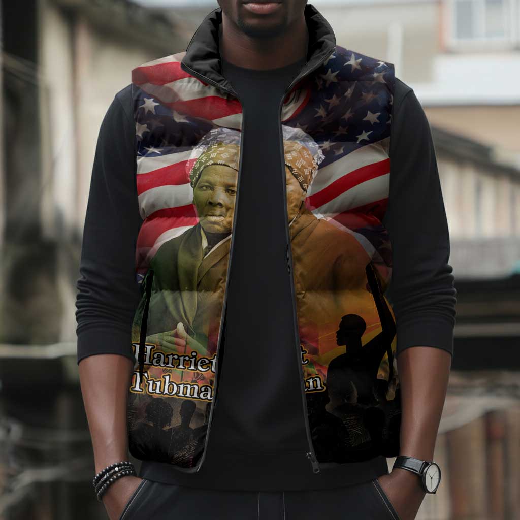 Harriet Tubman Sleeveless Puffer Jacket American Flag Background Underground Railroad Quote Powerful Civil Rights - Wonder Print Shop