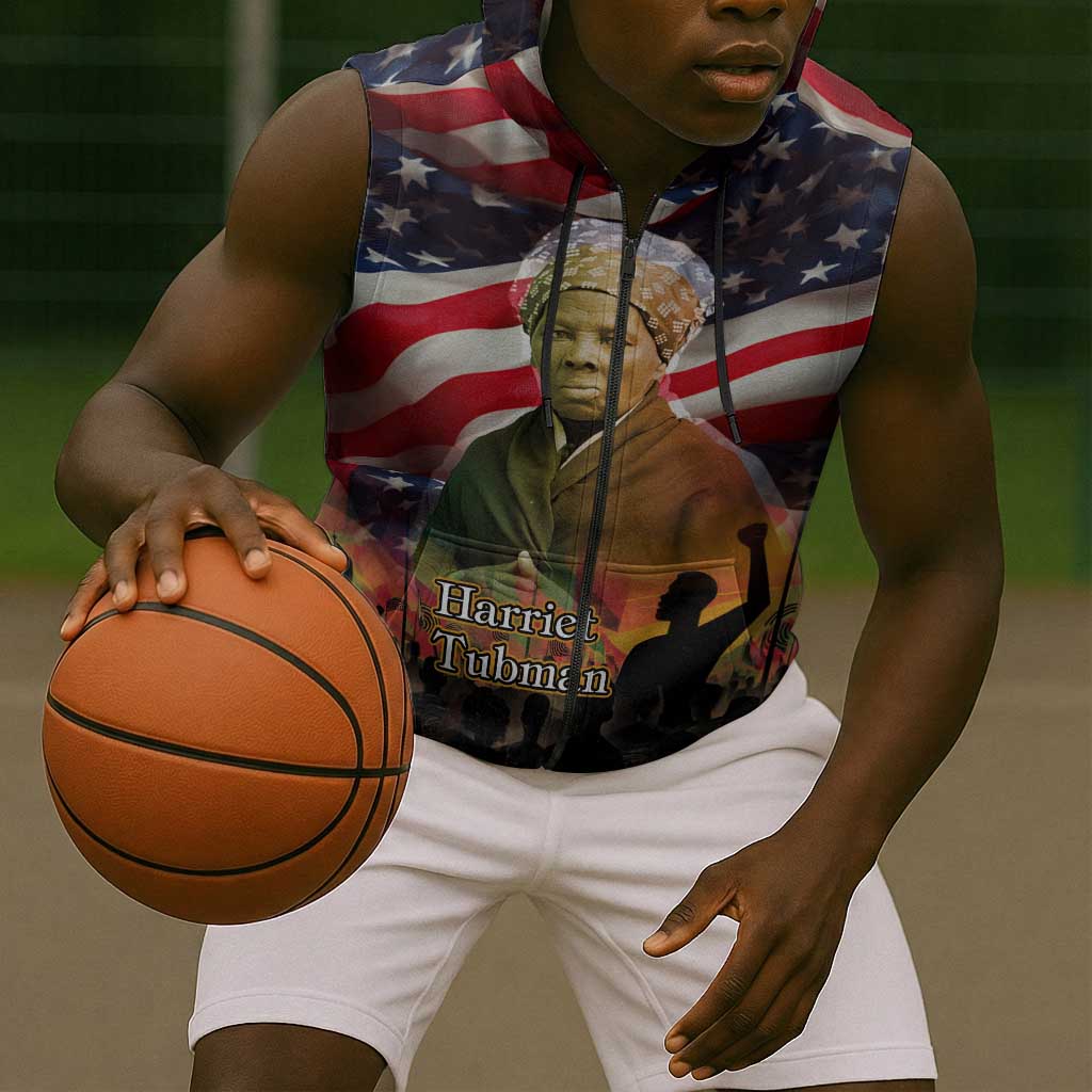 Harriet Tubman Sleeveless Zip Hoodie American Flag Background Underground Railroad Quote Powerful Civil Rights - Wonder Print Shop