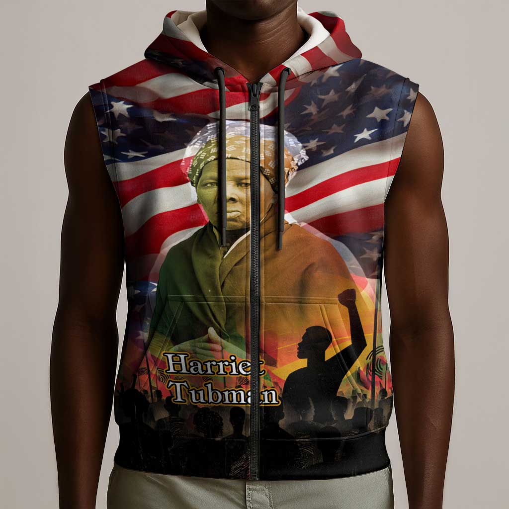 Harriet Tubman Sleeveless Zip Hoodie American Flag Background Underground Railroad Quote Powerful Civil Rights - Wonder Print Shop