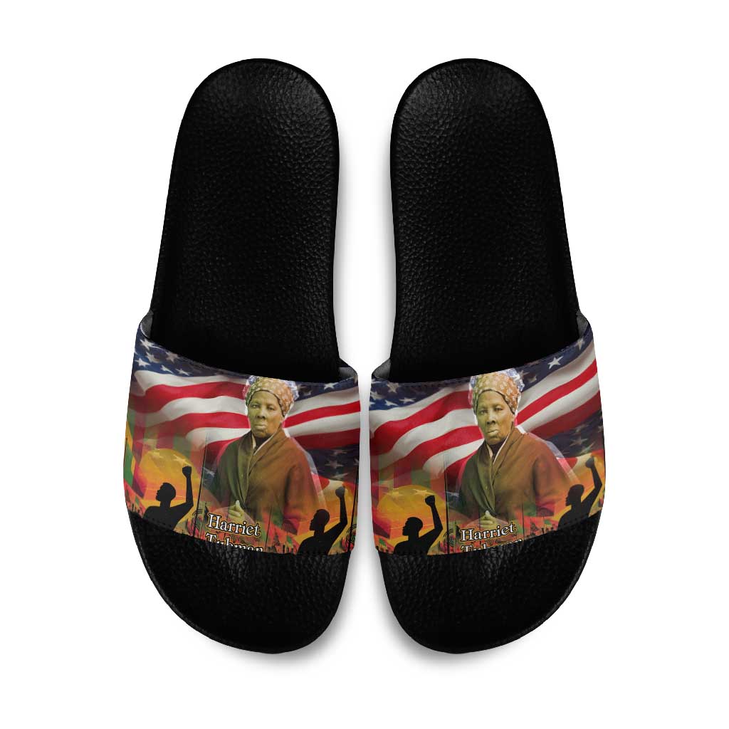 Harriet Tubman Slide Sandals American Flag Background Underground Railroad Quote Powerful Civil Rights - Wonder Print Shop