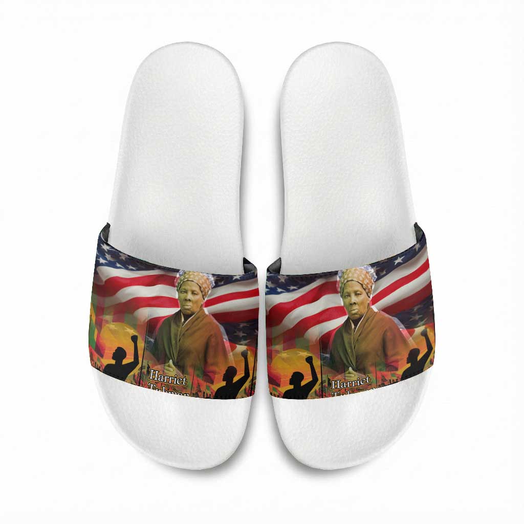 Harriet Tubman Slide Sandals American Flag Background Underground Railroad Quote Powerful Civil Rights - Wonder Print Shop
