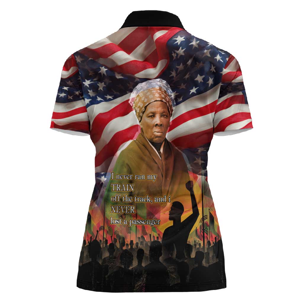 Harriet Tubman Women Polo Shirt American Flag Background Underground Railroad Quote Powerful Civil Rights - Wonder Print Shop