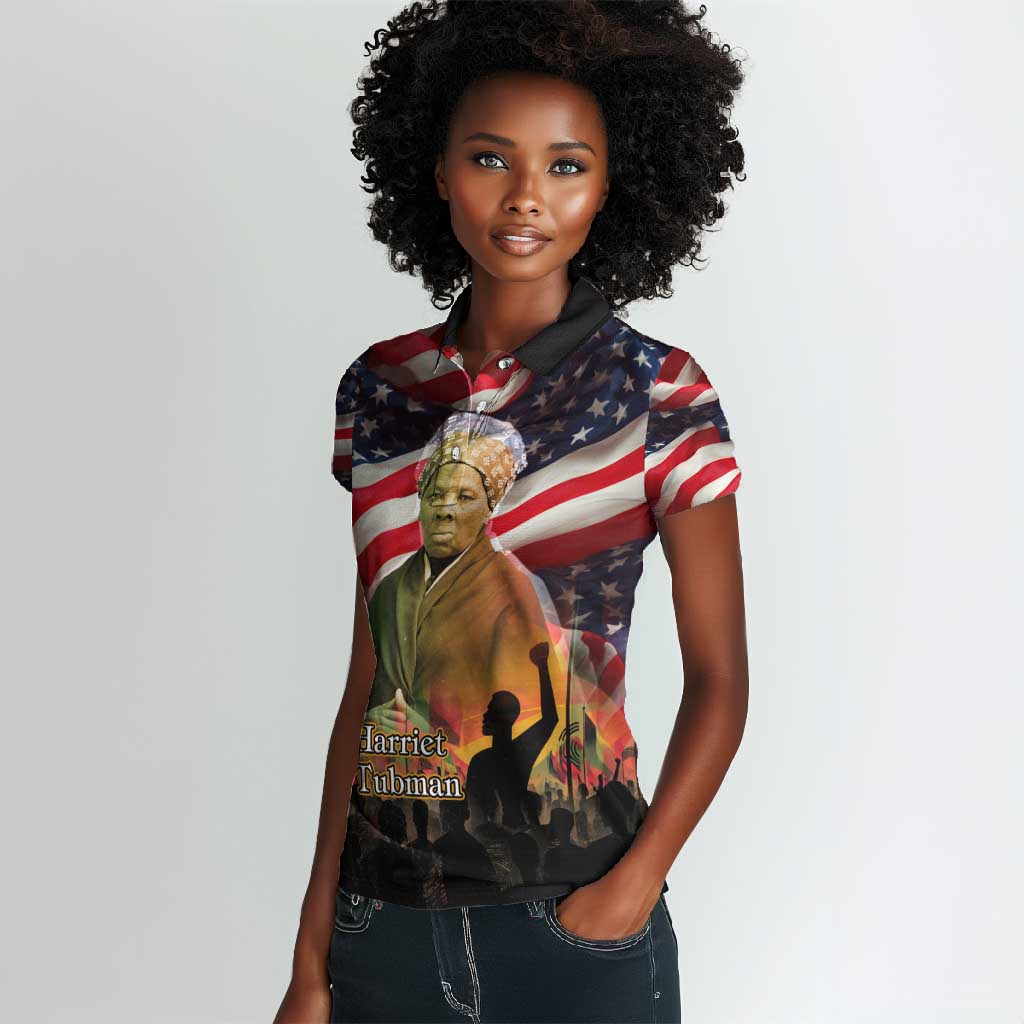 Harriet Tubman Women Polo Shirt American Flag Background Underground Railroad Quote Powerful Civil Rights - Wonder Print Shop