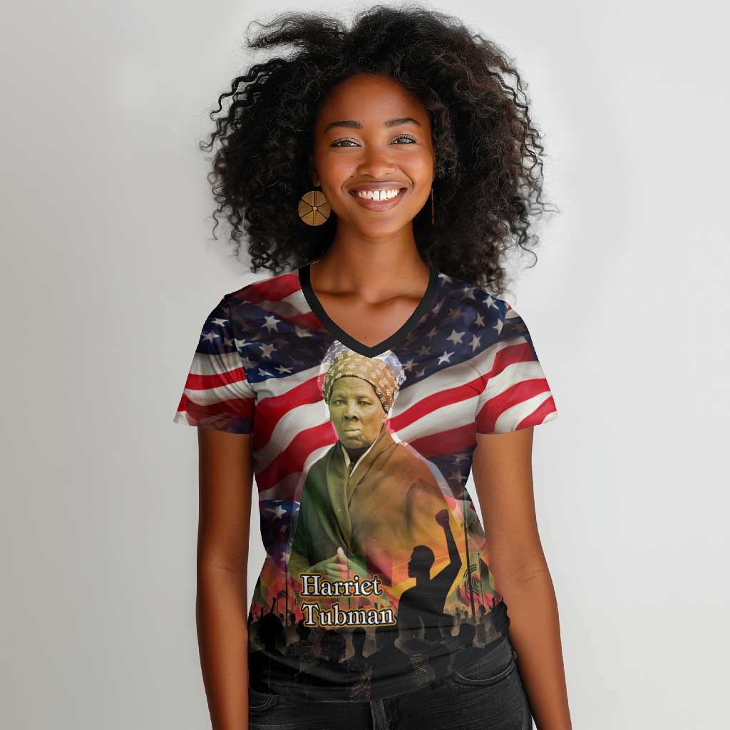 Harriet Tubman Women V-Neck T-Shirt American Flag Background Underground Railroad Quote Powerful Civil Rights TS04