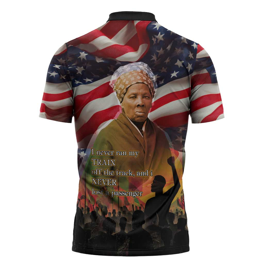 Harriet Tubman Zipper Polo Shirt American Flag Background Underground Railroad Quote Powerful Civil Rights - Wonder Print Shop