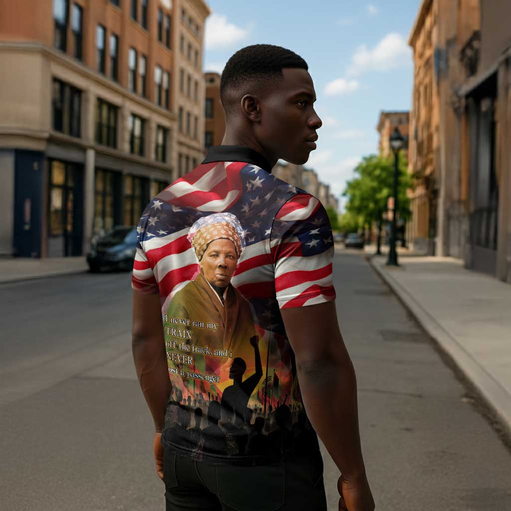 Harriet Tubman Zipper Polo Shirt American Flag Background Underground Railroad Quote Powerful Civil Rights - Wonder Print Shop