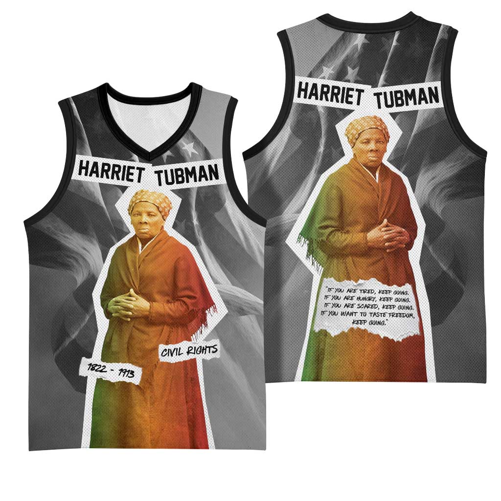 Harriet Tubman Basketball Jersey American Flag Background Civil Rights Quote Keep Going Tribute Design - Wonder Print Shop