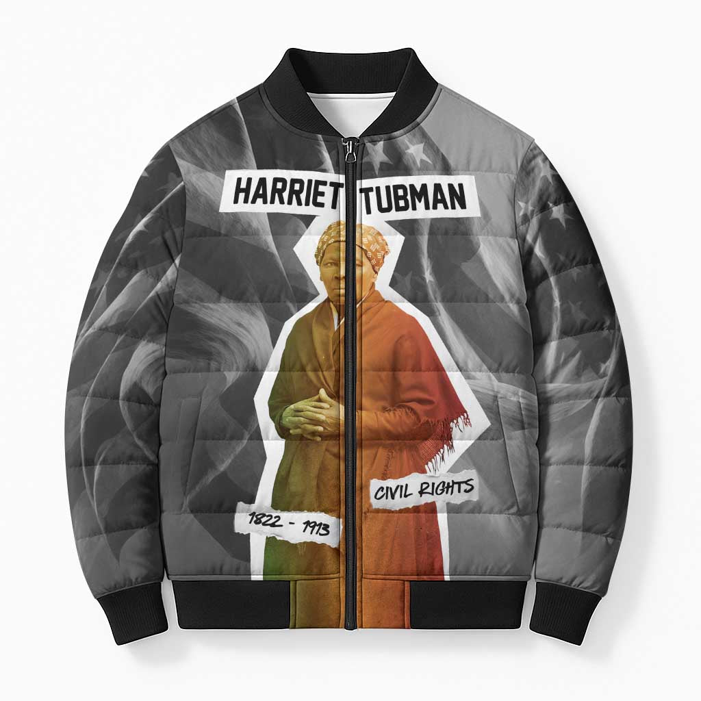 Harriet Tubman Bomber Puffer Jacket American Flag Background Civil Rights Quote Keep Going Tribute Design - Wonder Print Shop