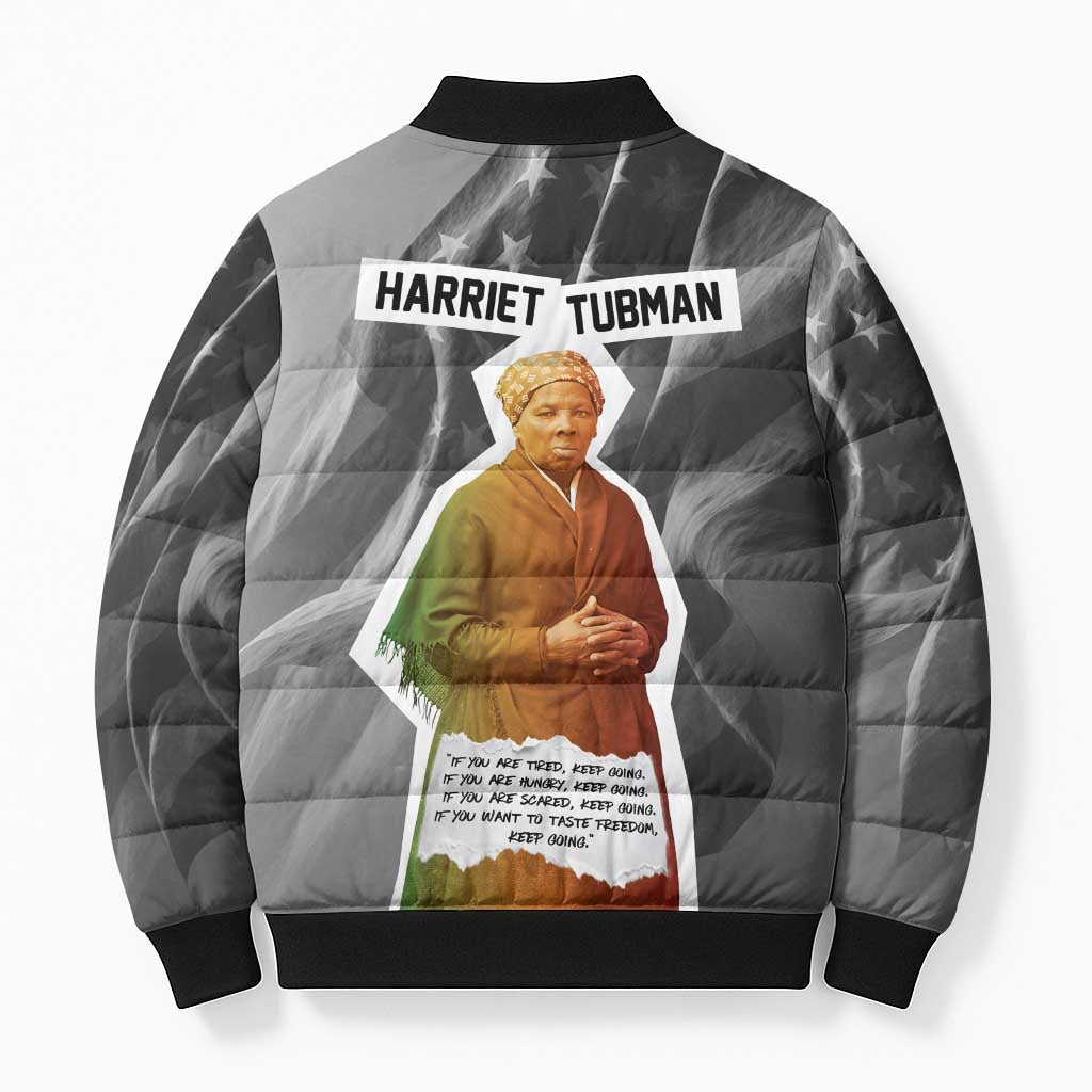 Harriet Tubman Bomber Puffer Jacket American Flag Background Civil Rights Quote Keep Going Tribute Design - Wonder Print Shop