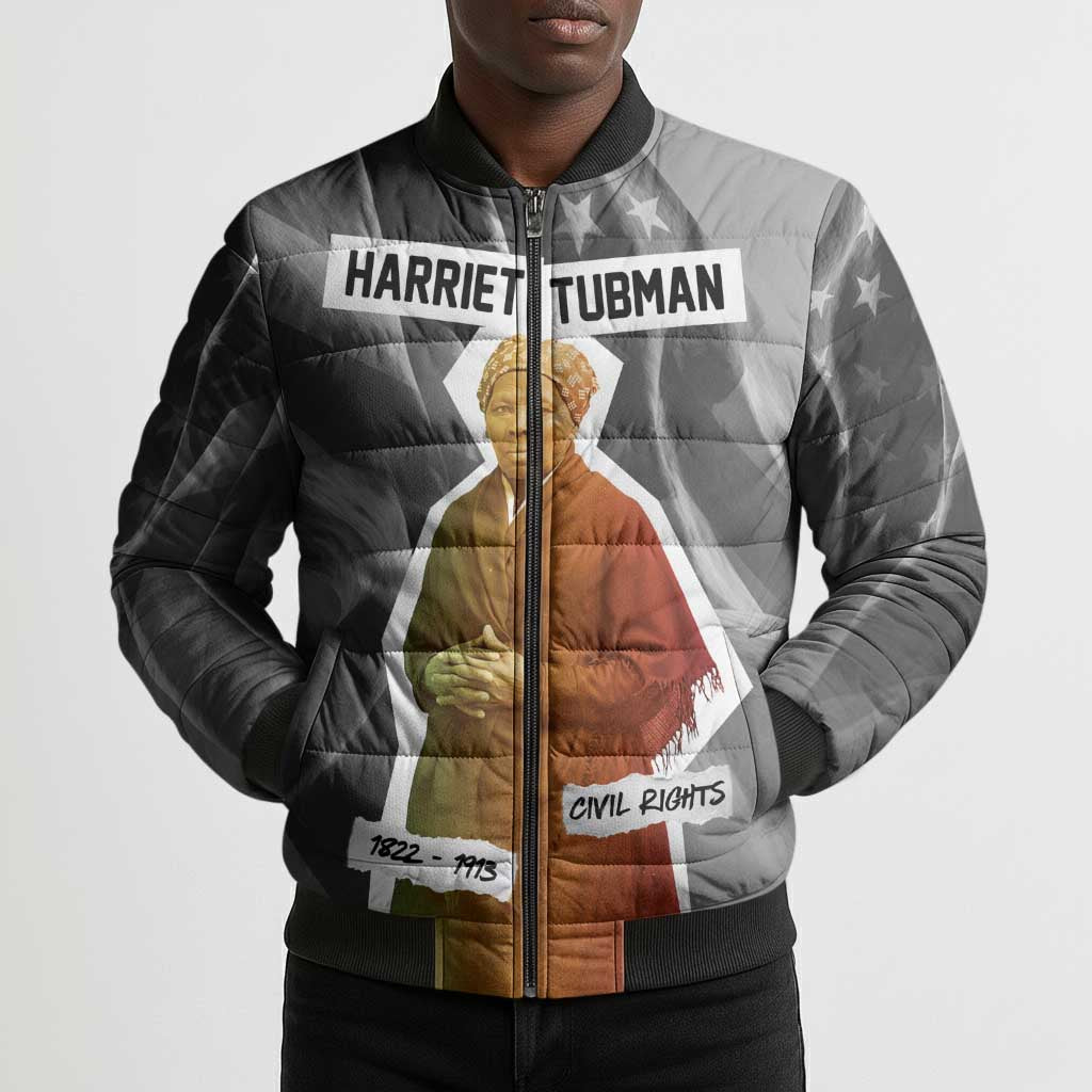 Harriet Tubman Bomber Puffer Jacket American Flag Background Civil Rights Quote Keep Going Tribute Design - Wonder Print Shop