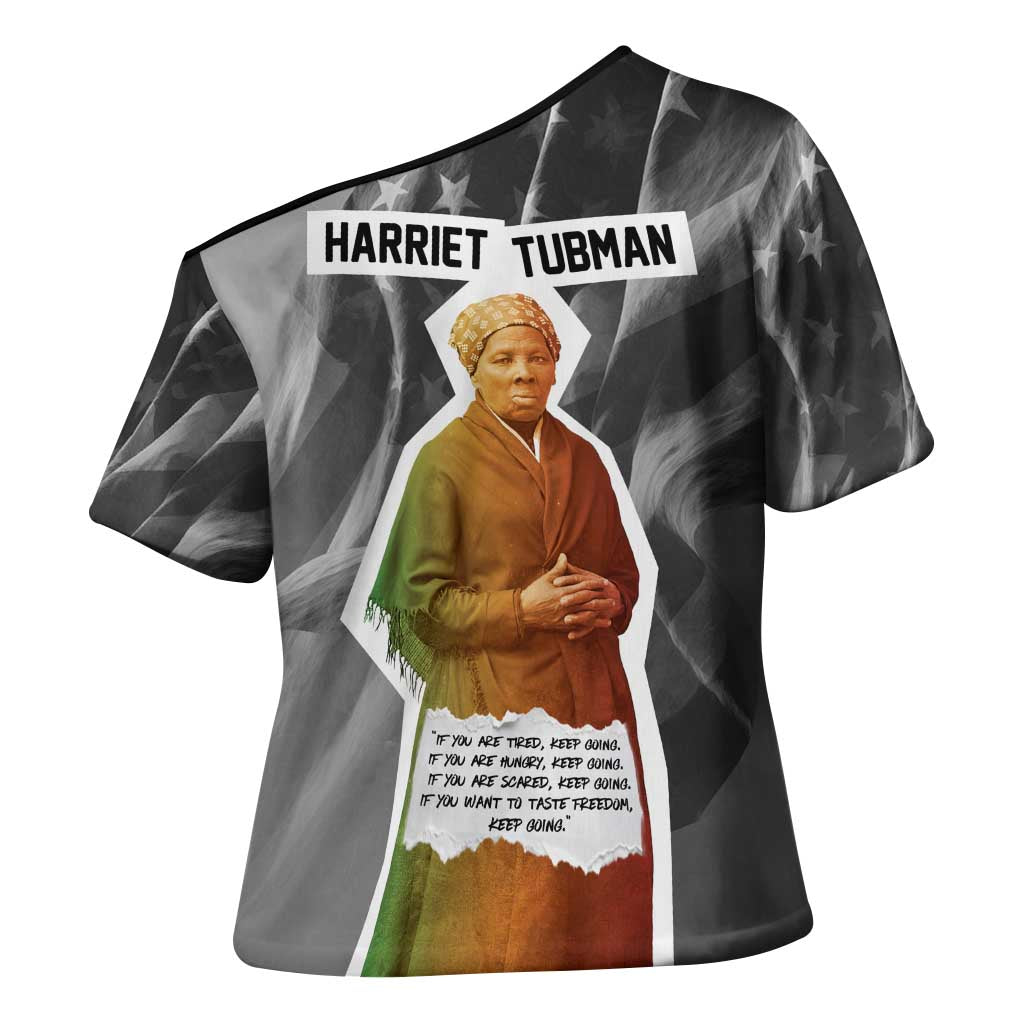 Harriet Tubman Cross Shoulder Shirt American Flag Background Civil Rights Quote Keep Going Tribute Design - Wonder Print Shop
