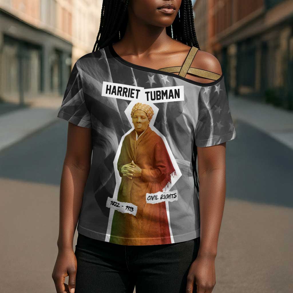 Harriet Tubman Cross Shoulder Shirt American Flag Background Civil Rights Quote Keep Going Tribute Design - Wonder Print Shop