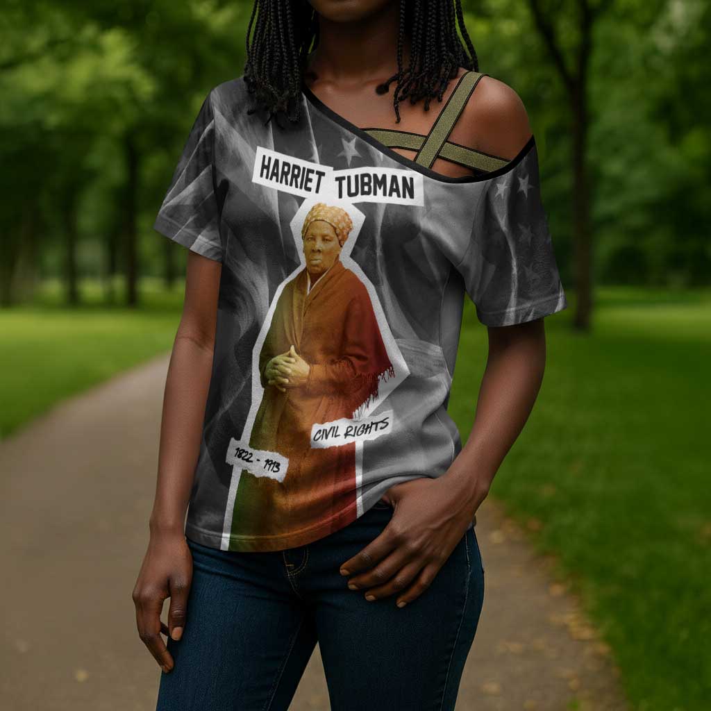 Harriet Tubman Cross Shoulder Shirt American Flag Background Civil Rights Quote Keep Going Tribute Design - Wonder Print Shop