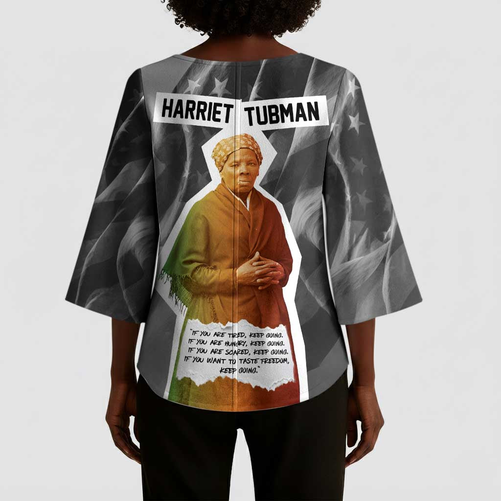 Harriet Tubman Kimono Sleeve Blouse American Flag Background Civil Rights Quote Keep Going Tribute Design - Wonder Print Shop