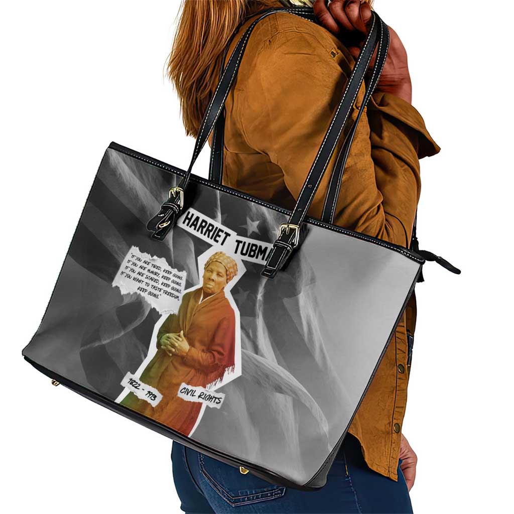 Harriet Tubman Leather Tote Bag American Flag Background Civil Rights Quote Keep Going Tribute Design - Wonder Print Shop