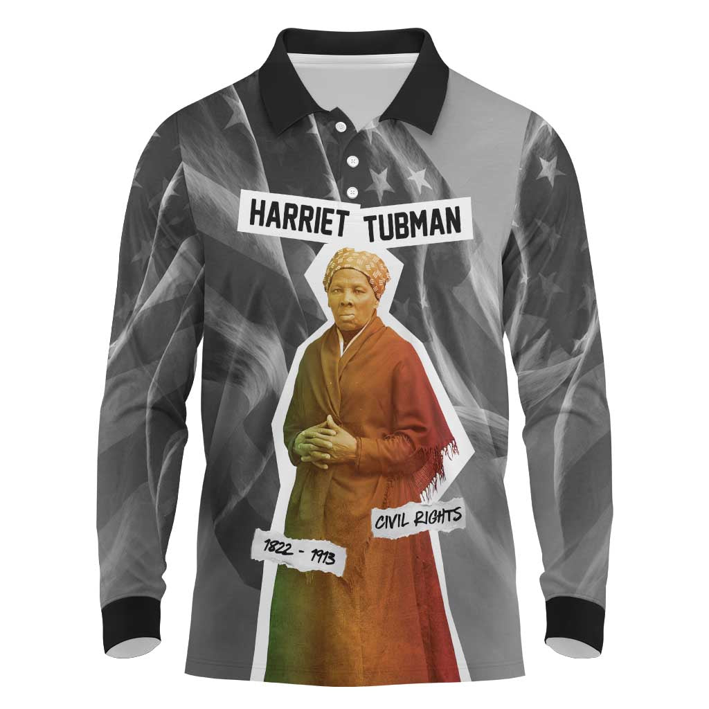 Harriet Tubman Long Sleeve Polo Shirt American Flag Background Civil Rights Quote Keep Going Tribute Design - Wonder Print Shop