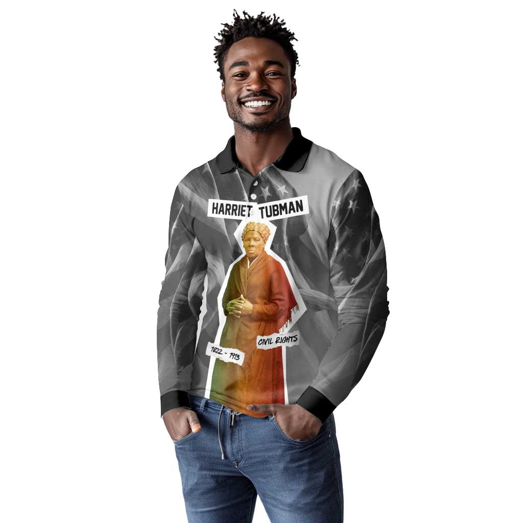 Harriet Tubman Long Sleeve Polo Shirt American Flag Background Civil Rights Quote Keep Going Tribute Design - Wonder Print Shop