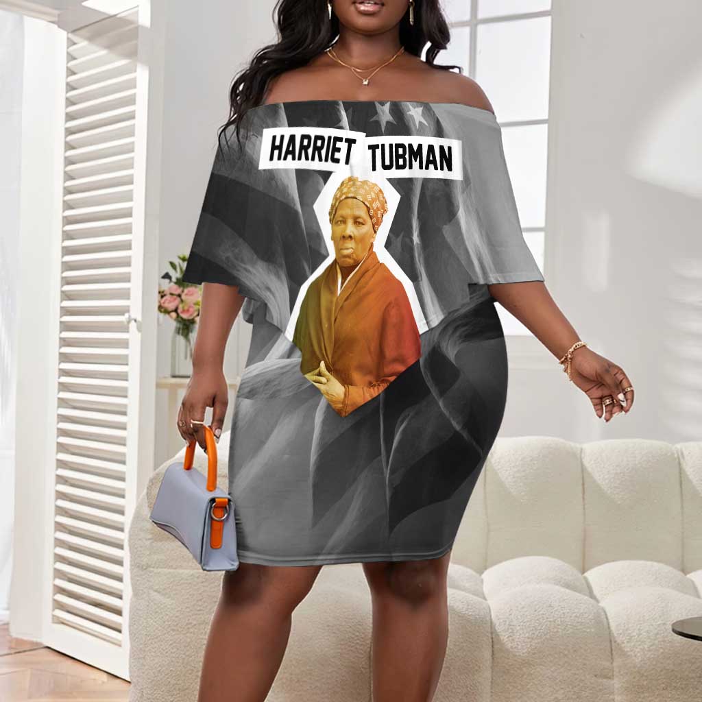 Harriet Tubman Off Shoulder Short Dress American Flag Background Civil Rights Quote Keep Going Tribute Design - Wonder Print Shop